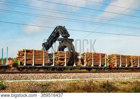 Kouvola, Finland - 24 September 2020: Unloading Of Timber From Railway Carriages At Paper Mill Stora
