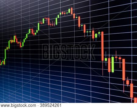 Abstract Candlestick Chart On Dark Blue Digital Screen. Stock Market Data Chart, Graph With Rectangu