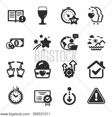 Set Of Business Icons, Such As Move Gesture, Sea Mountains, Certificate Symbols. Seo Gear, Dollar Mo