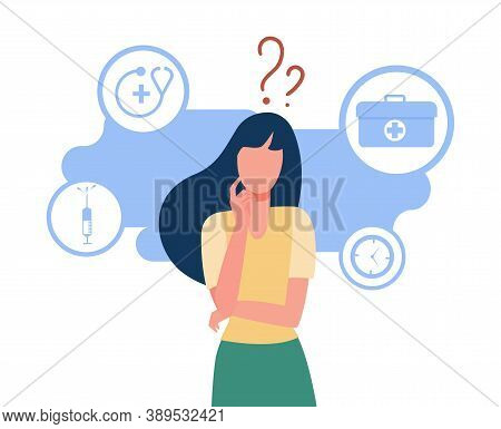 Woman Worrying About Her Health. First Aid Kit, Syringe, Endoscope. Flat Vector Illustration. Health