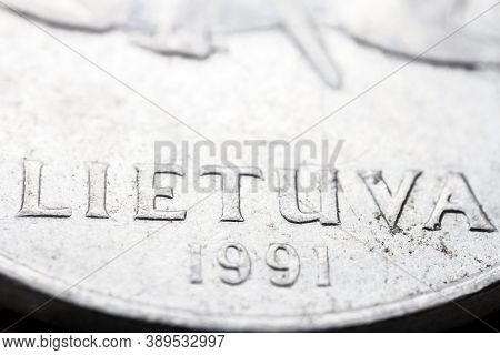 Obsolete Lithuanian 5 Cent Coin Macro Detail With Lietuva Word. Lithuanian 5 Cent Coin Macro View. E
