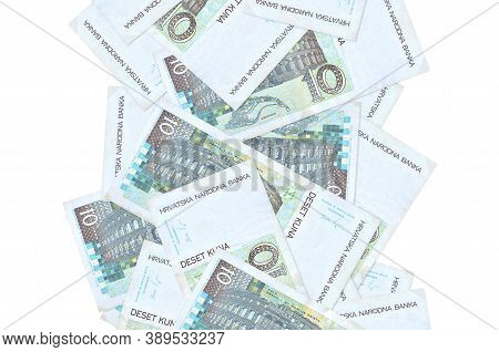 10 Croatian Kuna Bills Flying Down Isolated On White. Many Banknotes Falling With White Copyspace On
