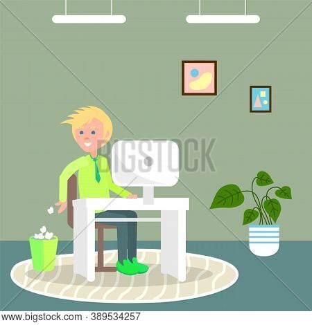 Young Blond Guy Sitting At White Stylish Table With White Monoblock. The Guy Throws Crumpled Paper L