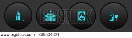 Set Agbar Tower, Prado Museum, Olives In Can And Wine Bottle With Glass Icon. Vector
