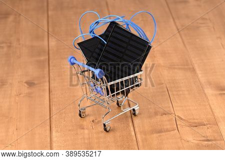 Solar Panel In The Shopping Cart, Close Up.