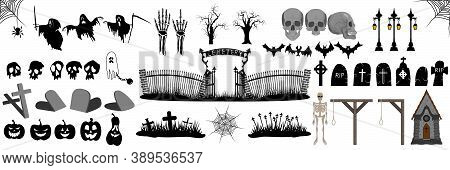 Vector Halloween Set. Scary Icons Set. Vector Cemetery. Scary Autumn