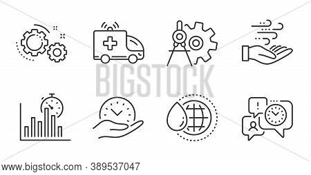 Report Timer, Safe Time And Wind Energy Line Icons Set. Cogwheel Dividers, World Water And Ambulance