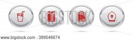 Set Line Glass With Water, Paper Or Financial Check, Clipboard Document And Pope Hat. Silver Circle 