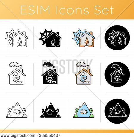 Human Shelters Icons Set. Warming Center. Supportive Housing For Homeless People. Rockhouse. Camping