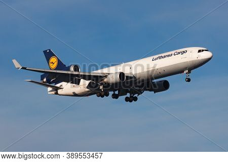 Frankfurt / Germany - December 8, 2012: Lufthansa Cargo Md-11 D-alce Cargo Plane Landing At Frankfur