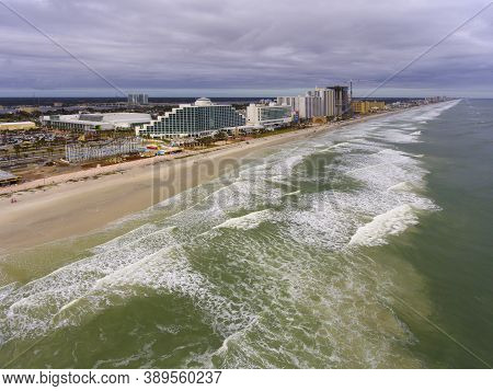 Daytona Beach Hilton and oceanfront aerial view in a cloudy day, Daytona Beach, Florida FL, USA.