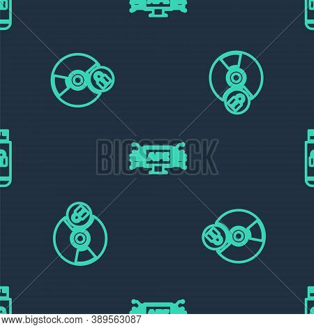 Set Line Computer Api Interface, Cd Or Dvd Disk With Lock And Usb Flash Drive On Seamless Pattern. V