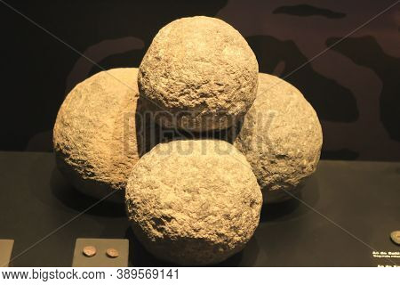 Alicante, Spain- October 8, 2020: Carthaginian Catapult Projectiles Of The Second Century Found At T