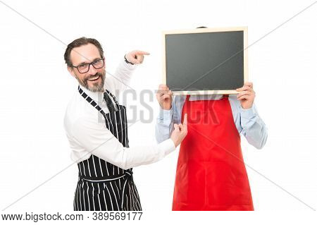 I Got It. Bearded Men With Blackboard, Copy Space. Cafe And Restaurant Opening. Menu Planning. Happy