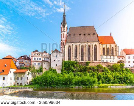 St Vitus Church In The Middle Of Historical City Centre. View From Vltava River. Cesky Krumlov, Sout