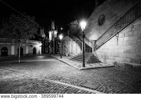 Kranner Staircase From Kampa Island To Charles Bridge By Night. Historical City Centre Of Prague, Cz