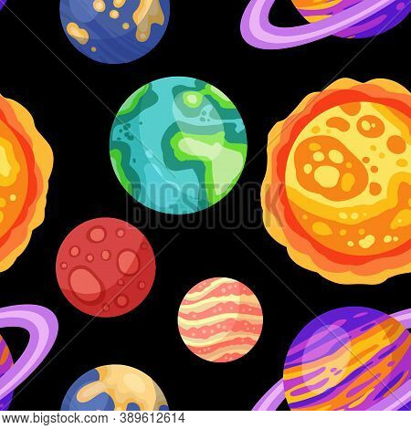 Planets, Stars And Satellites Space Seamless Pattern Background. Solar System Outer Space Planets Ch
