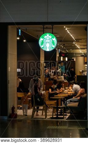 Banqiao, Taiwan - Oct 4th, 2020: Starbucks at Banqiao Bus and MRT Station in New Taipei city, Taiwan