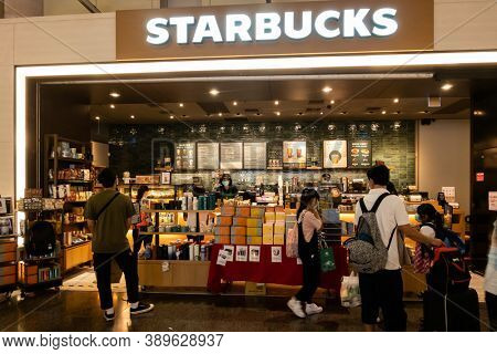 Banqiao, Taiwan - Oct 4th, 2020: Starbucks at Banqiao Bus and MRT Station in New Taipei city, Taiwan