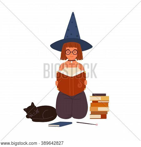 Cute Girl In Witch Hat Read Magic Book. Portrait Of Young Female Wizard Or Sorcerer. Little Mage Stu