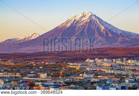 Panoramic View Of The City Petropavlovsk-kamchatsky And Volcanoes: Koryaksky Volcano, Avacha Volcano
