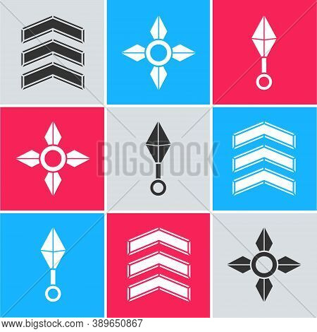 Set Military Rank, Japanese Ninja Shuriken And Japanese Ninja Shuriken Icon. Vector