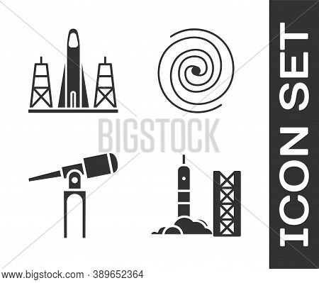 Set Rocket Launch From The Spaceport, Rocket Launch From The Spaceport, Telescope And Black Hole Ico