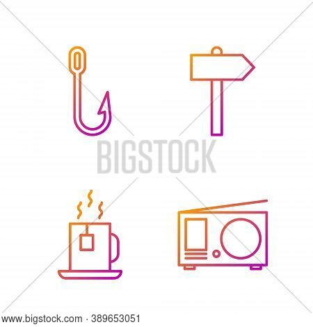 Set Line Radio With Antenna, Cup Of Tea With Tea Bag, Fishing Hook And Road Traffic Signpost. Gradie