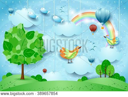 Surreal Landscape With Big Tree, Balloons, Birds And Flying Fisches.