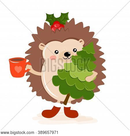 Adorable Hedgehog In Winter. Hand Drawn Vector Hedgehog Illustration With Chritmas Tree And Hot Coco