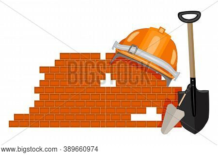 Bricklaying Icon Isolated On White Background. Brick Laying Symbol Or Sign. Helmet, Brick, Shovel An