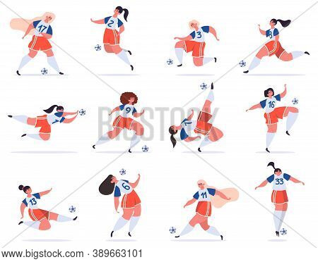 Female Football Players. Soccer Women Team, Young Female Football Characters Kicking Soccer Ball, Gi