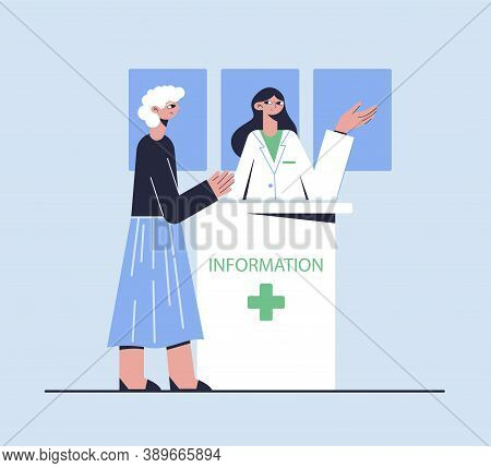Elderly Patient In Hospital. Drugstore. Medical Concept. Vector Illustration.