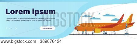 Plane Service Isolated Flat Vector Illustration. Cartoon Mechanics Repairing Airplane Before Flight 