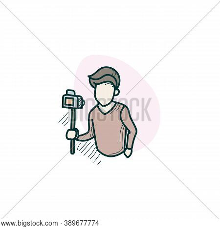 Video Blog Color Icon. Hand Drawing Sketch. Man Shoots Himself On Video Camera.blogger Making Vlog.j
