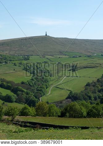 Stoodley Pike Moor And Monument In Calderdale West Yorkshire Landscape Surrounding Fields And Woodla
