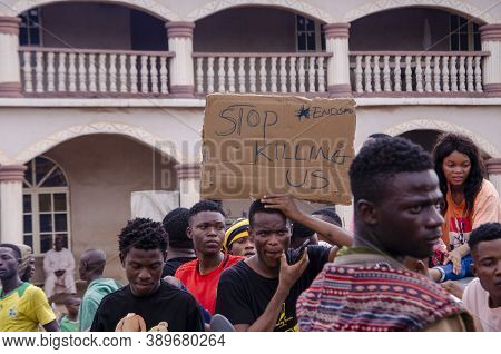 Lagos, Nigeria - October 12, 2020: Group Of Nigerian Youths Protesting Around The City About End Sar