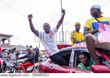 Lagos, Nigeria - October 12, 2020: Group Of Nigerian Youths Protesting Around The City About End Sar
