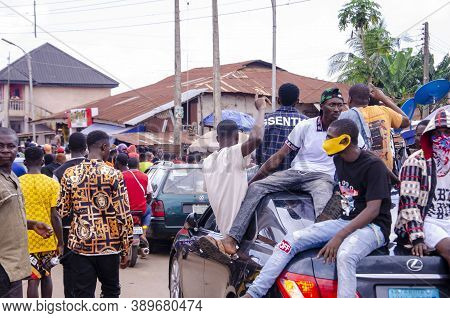 Lagos, Nigeria - October 12, 2020: Group Of Nigerian Youths Protesting Around The City About End Sar