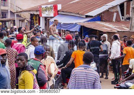 Lagos, Nigeria - October 12, 2020: Group Of Nigerian Youths Protesting Around The City About End Sar