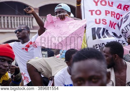 Lagos, Nigeria - October 12, 2020: Group Of Nigerian Youths Protesting Around The City About End Sar