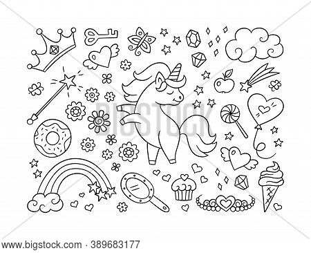Cute Unicorn And Set Of Magic Objects. Shooting Star, Rainbow, Tiara And Magic Wand In Doodle Style.