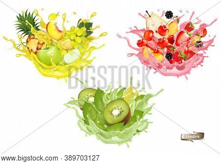 Set Of Fruit Juice Splash. Whole And Sliced Pineapple, Mango, Peach Lime, Orange, Banana In Juice Or