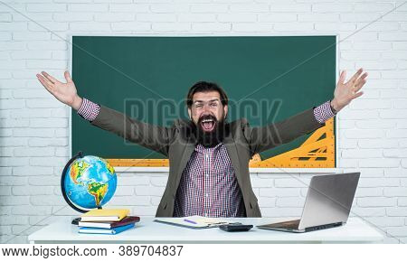 Learning The Subject. Happy Man With Beard Work On Computer. Studying Online. Informal Education. Ma