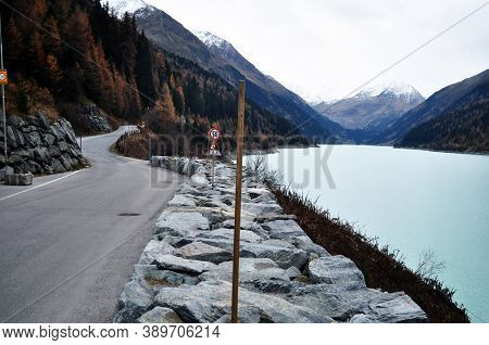 Road Beside Gepatsch Stausee Reservoir And Vernagt-stausee Lake Go On Alps Mountain In Kaunertaler G