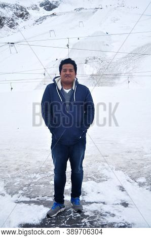 Travelers Thai Men Travel Visit In Gepatsch Stausee Reservoir And Vernagt Stausee Lake With Alps Mou