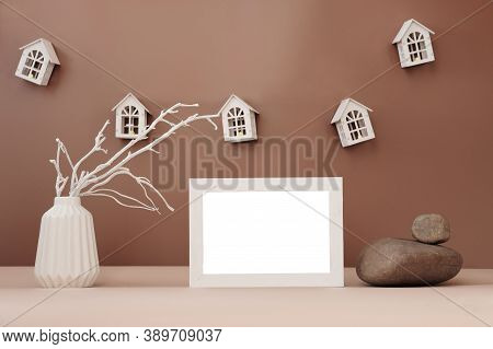 Minimal Style Composition On Beige Background. White Frame With Copy Space For Text And White Vase W