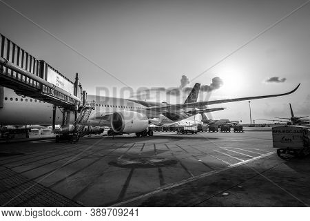 Bangkok, Thailand - April 2018: Thai Airways(tg) A Member Of Star Alliance Are Parked At Their Hub A