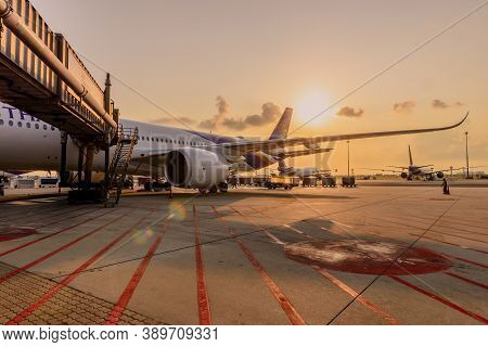 Bangkok, Thailand - April 2018: Thai Airways(tg) A Member Of Star Alliance Are Parked At Their Hub A