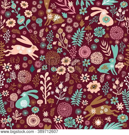 Beautiful Seamless Pattern  With Rabbit, Easter Bunny  And Meadow Spring Flowers, Leaves. Cute Baby 